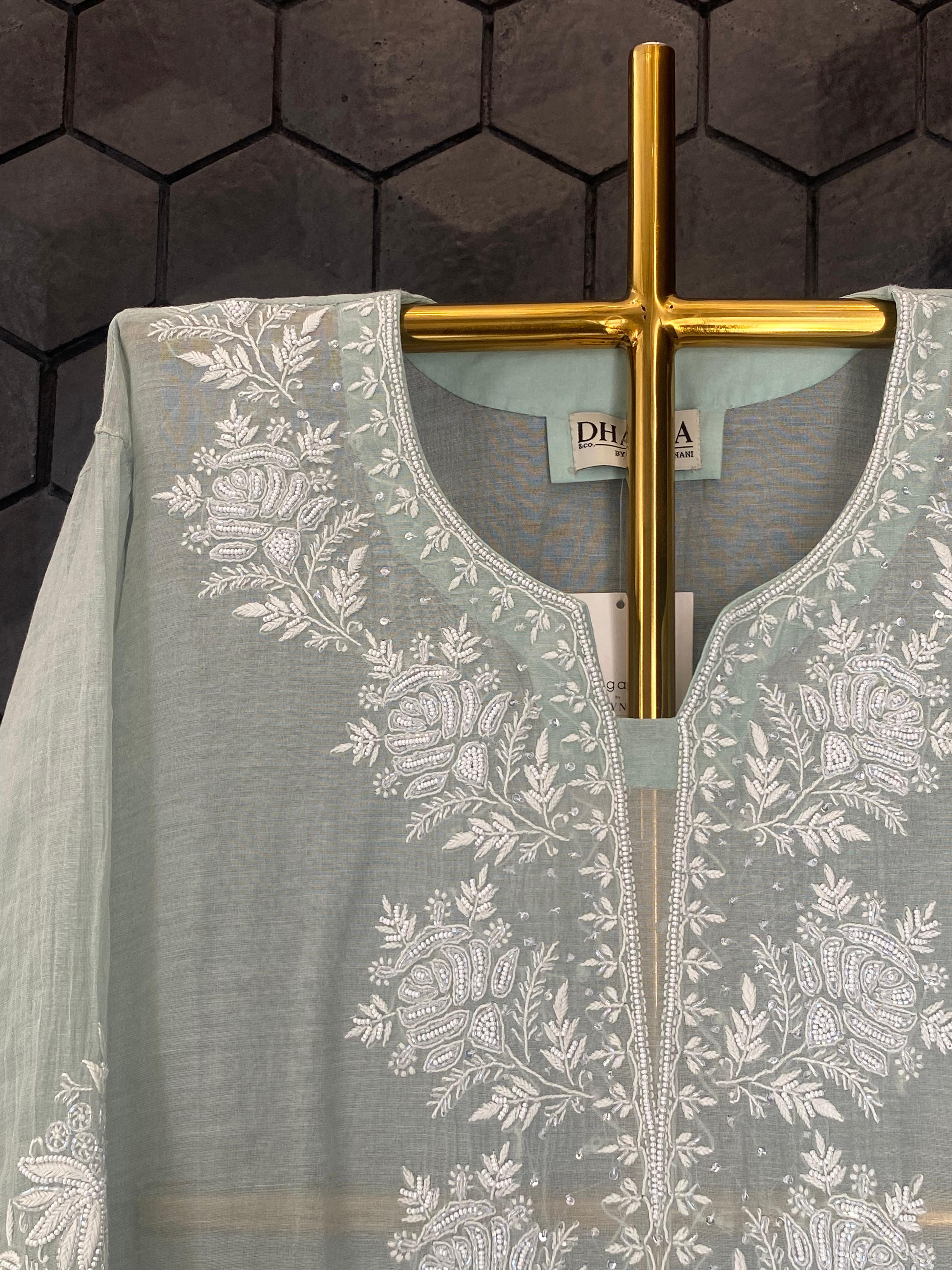 Sea Green Silver Tissue Chikankari Co-ord Set