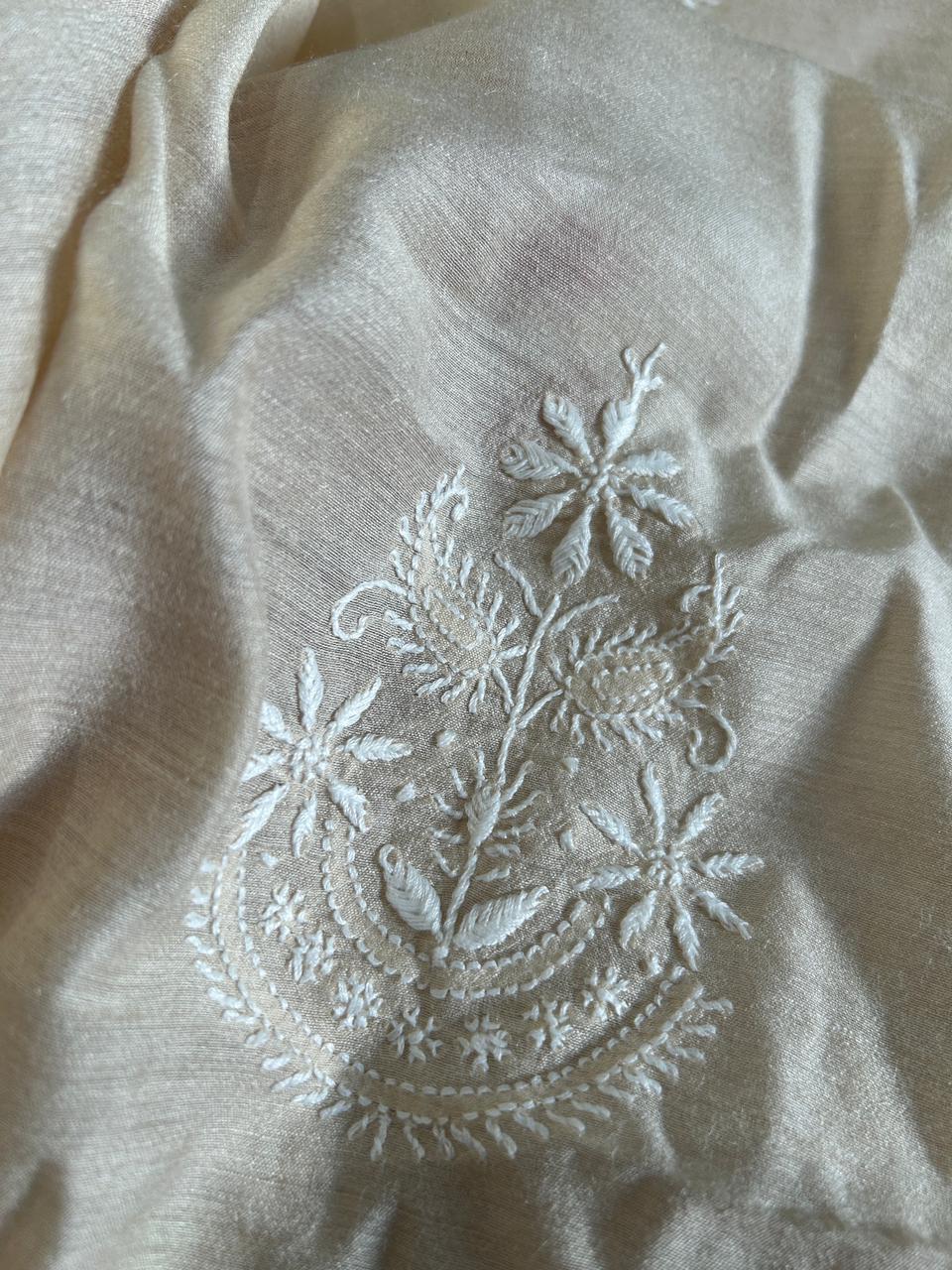 Beige Munga Silk Chikankari Mens Kurta