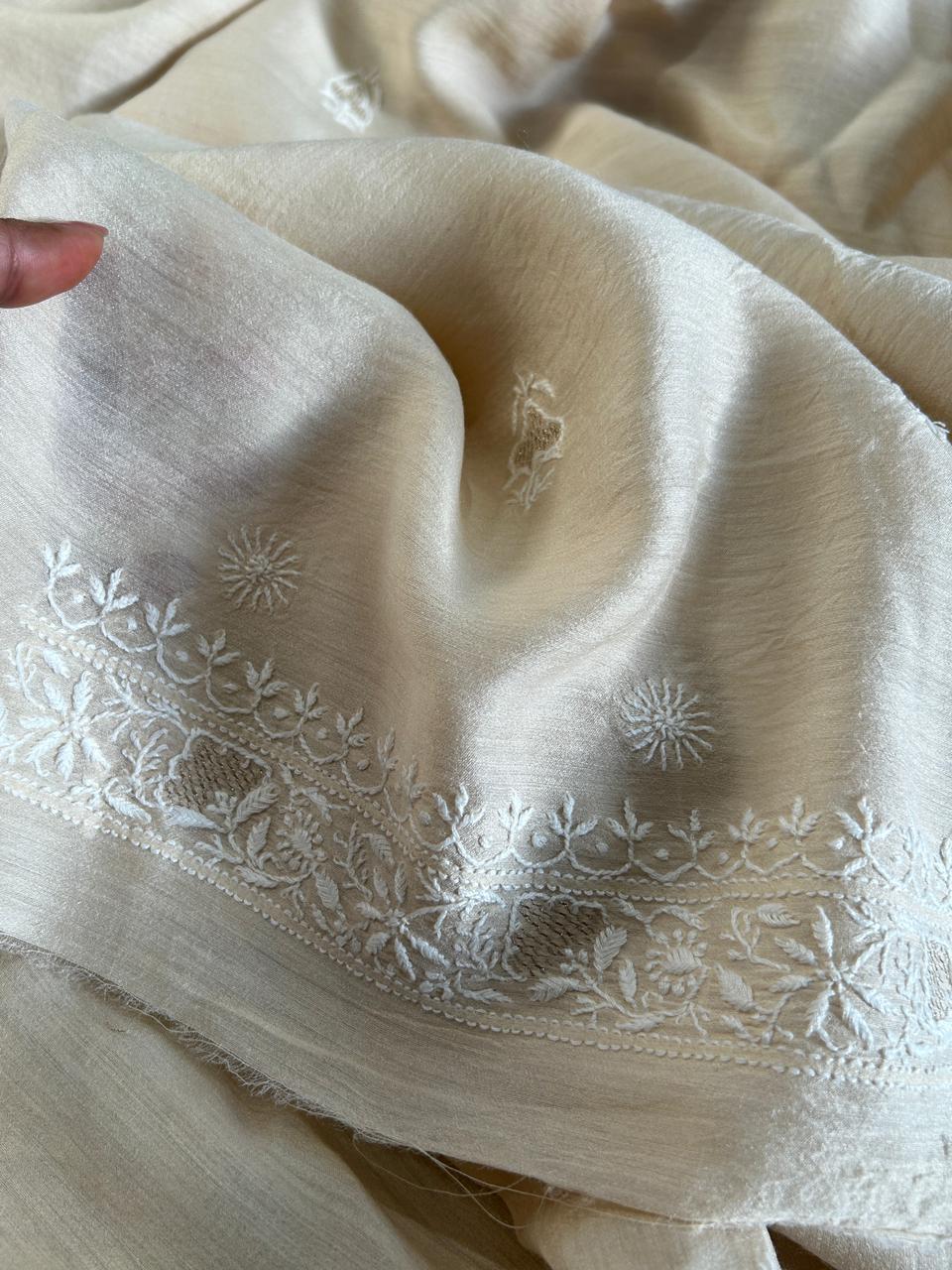 Beige Munga Silk Chikankari Mens Kurta