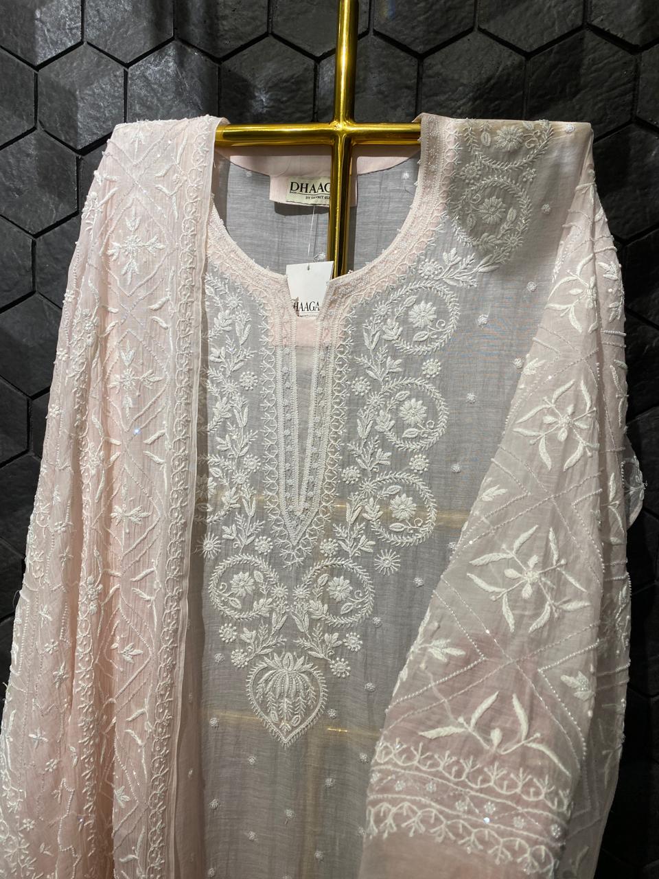 Pink Mul Chanderi Chikankari Kurta Set
