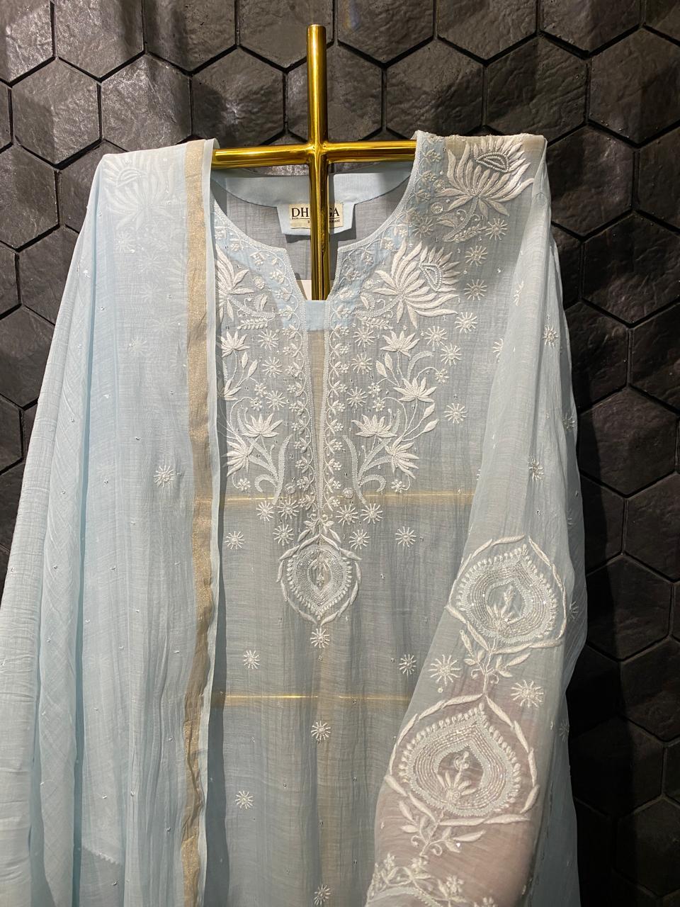 Sky Blue Mul Chanderi Chikankari Kurta Set