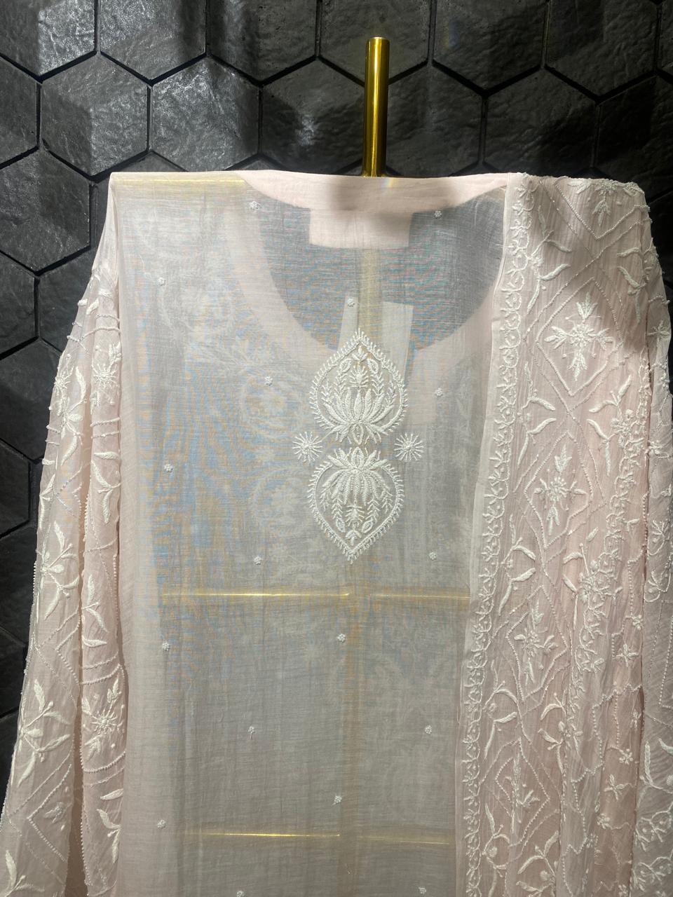 Pink Mul Chanderi Chikankari Kurta Set