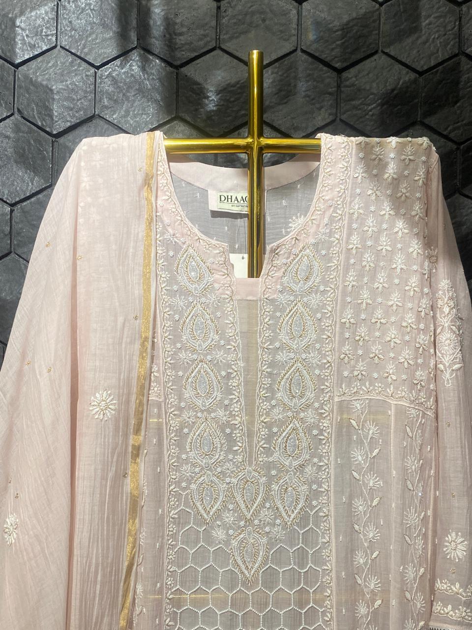 Pink Mul Chanderi Chikankari Anarkali set