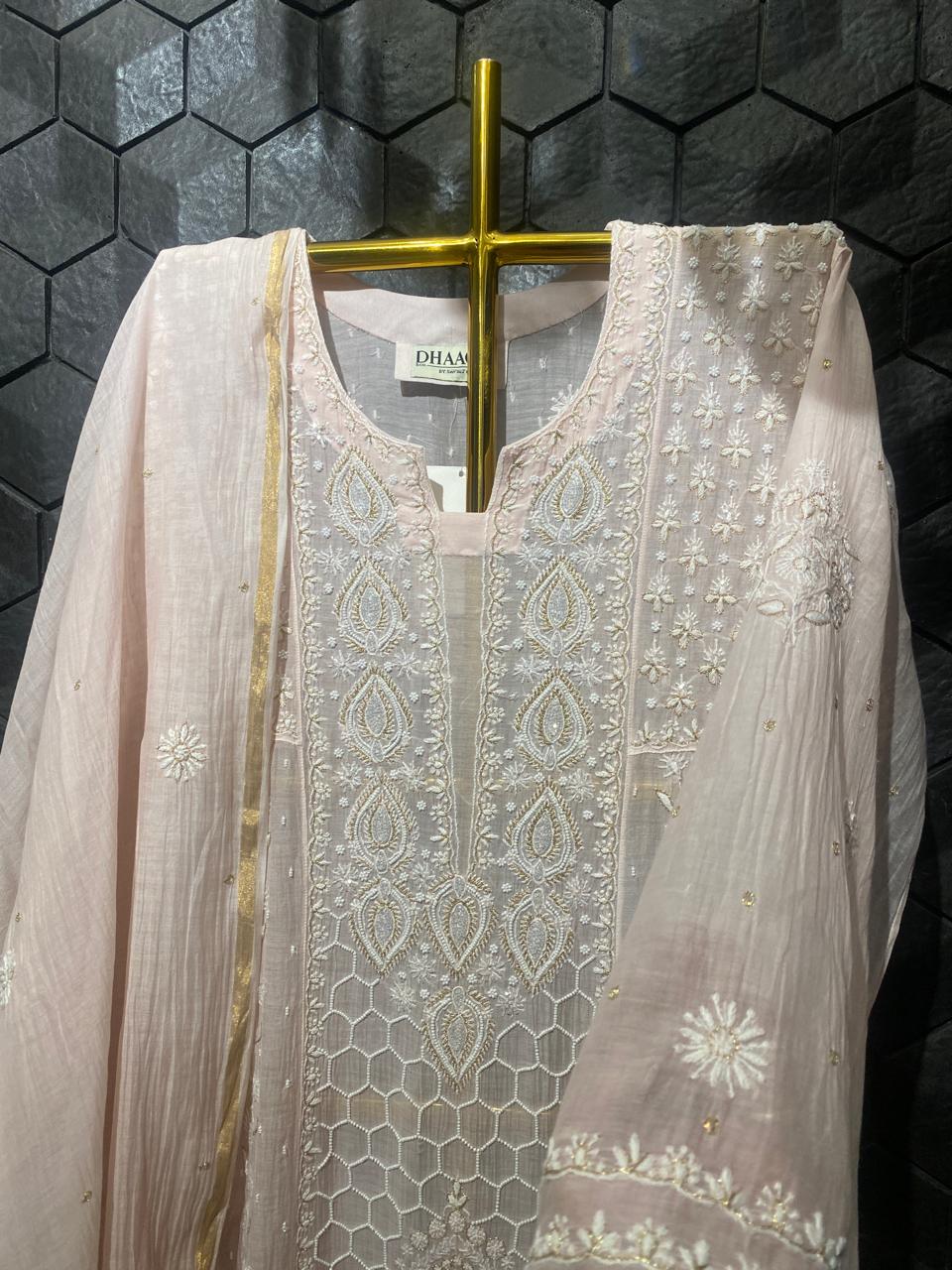 Pink Mul Chanderi Chikankari Anarkali set