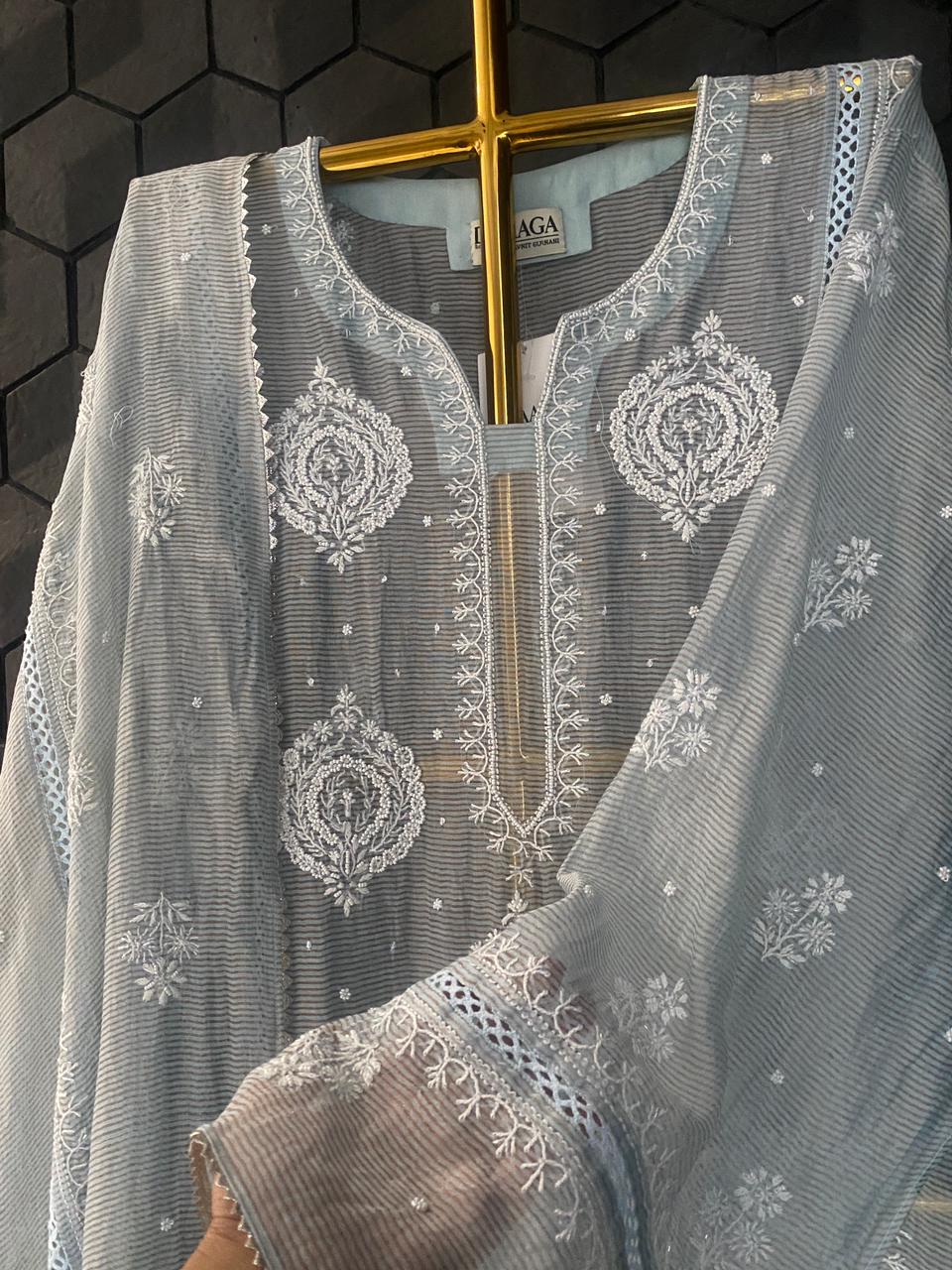 Blue Stripe Tissue Chikankari Kurta Set