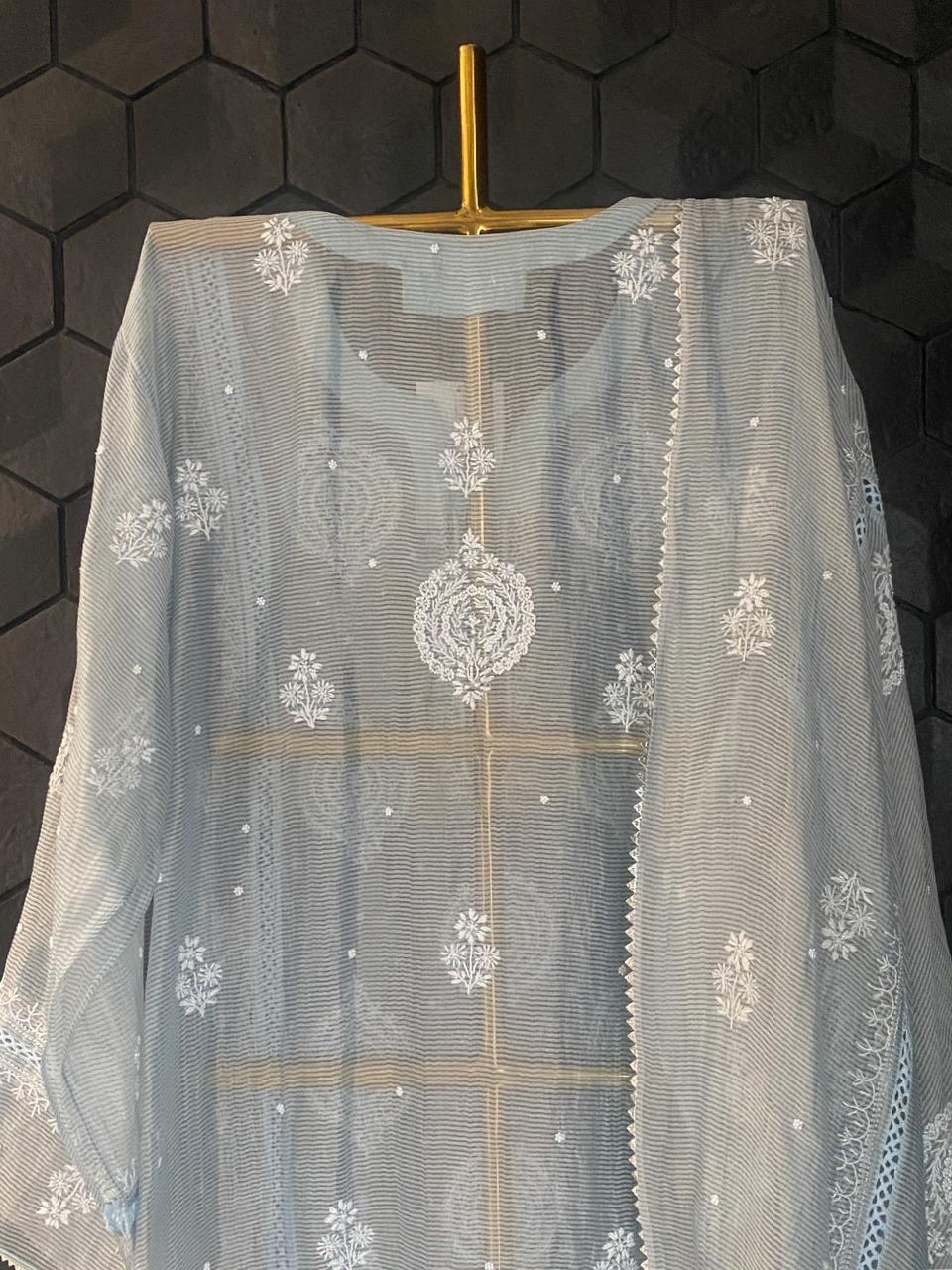 Blue Stripe Tissue Chikankari Kurta Set