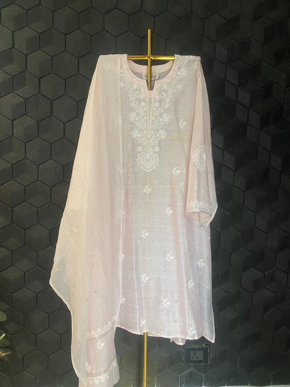 Pink Mul Chanderi Chikankari Kurta Set