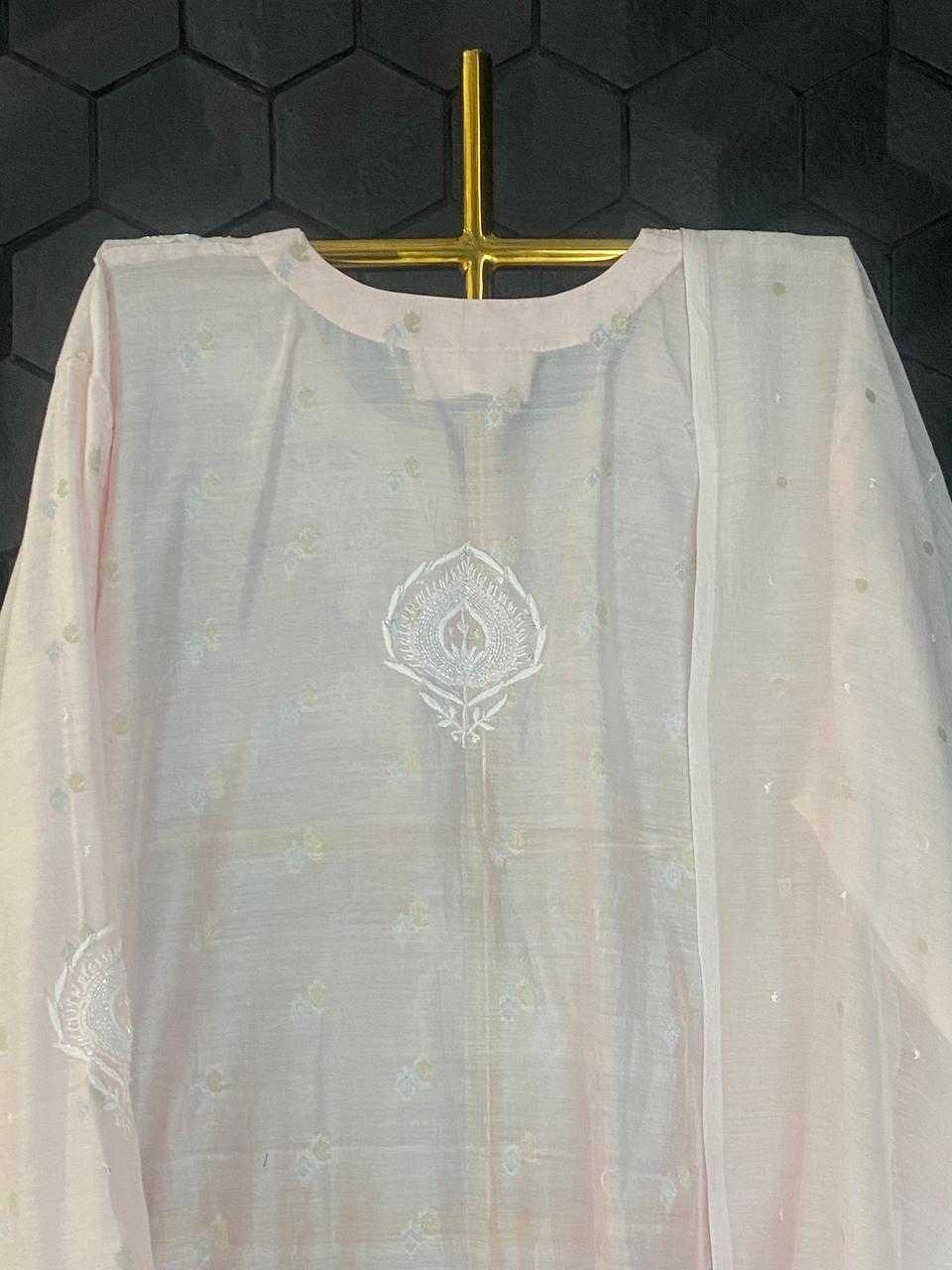Pink Mul Chanderi Chikankari Kurta Set