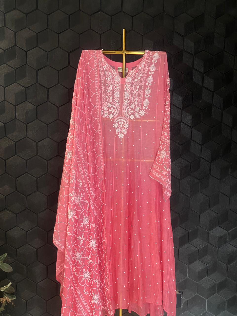 Fuchsia Mul Chanderi Chikankari Anarkali Set