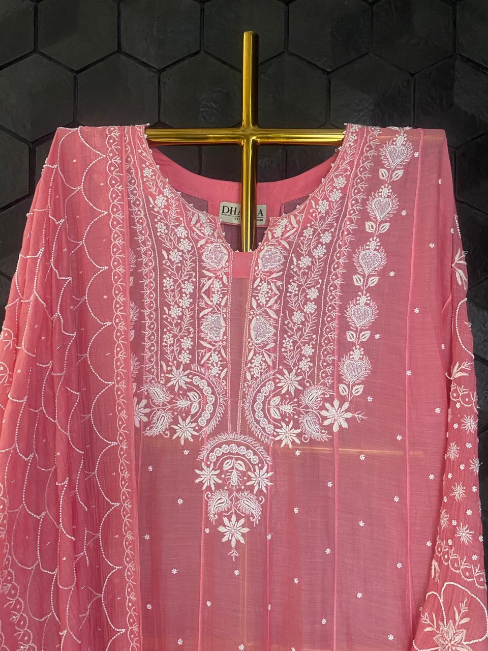Fuchsia Mul Chanderi Chikankari Anarkali Set