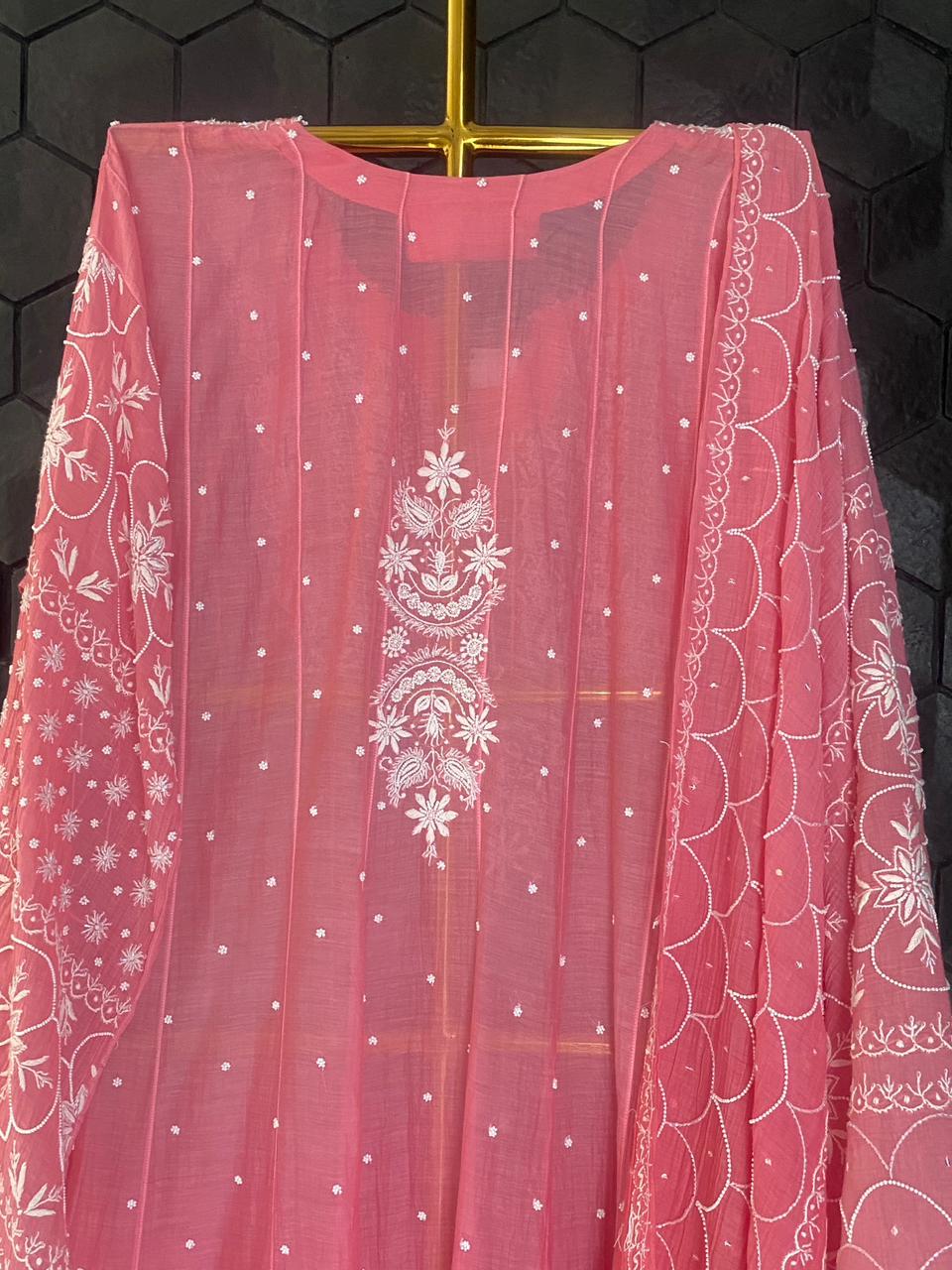 Fuchsia Mul Chanderi Chikankari Anarkali Set
