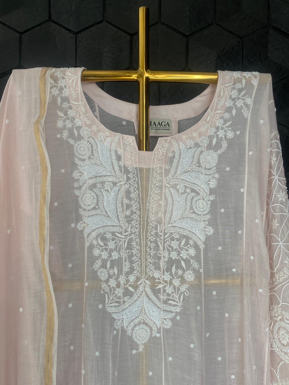 Pink Mul Chanderi Chikankari Anarkali Set
