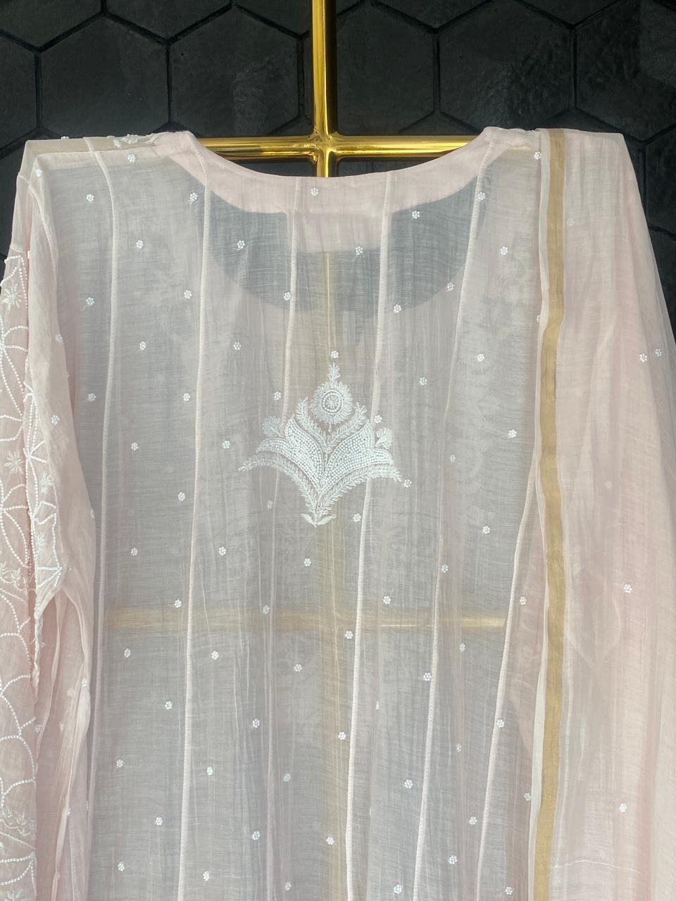 Pink Mul Chanderi Chikankari Anarkali Set