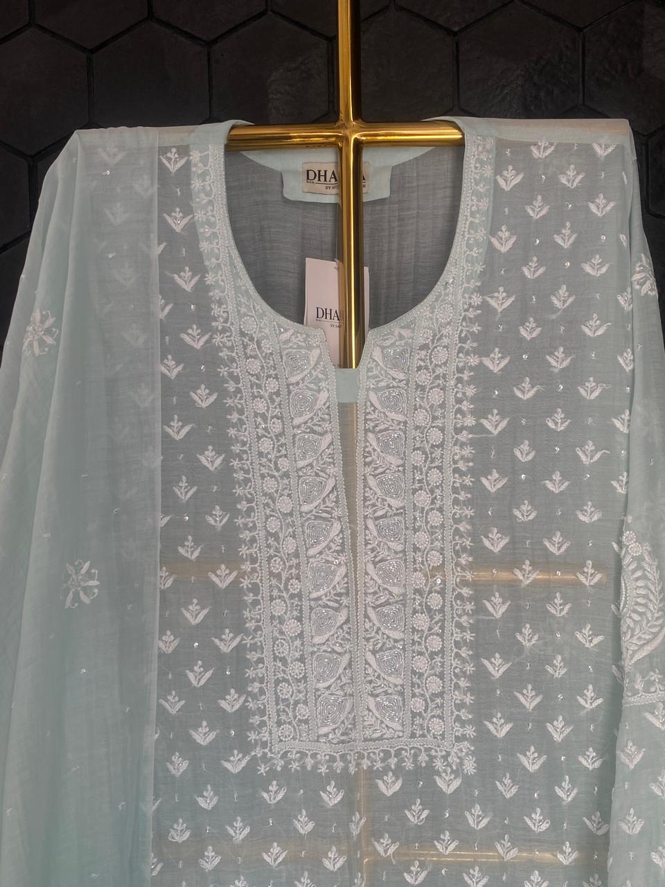 Sea Green Ombre Mul Chanderi Chikankari Kurta Set