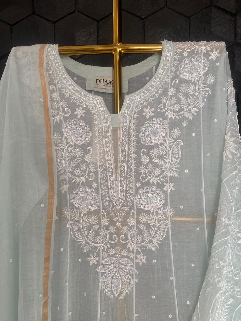 Sea Green Mul Chanderi Chikankari Anarkali Set