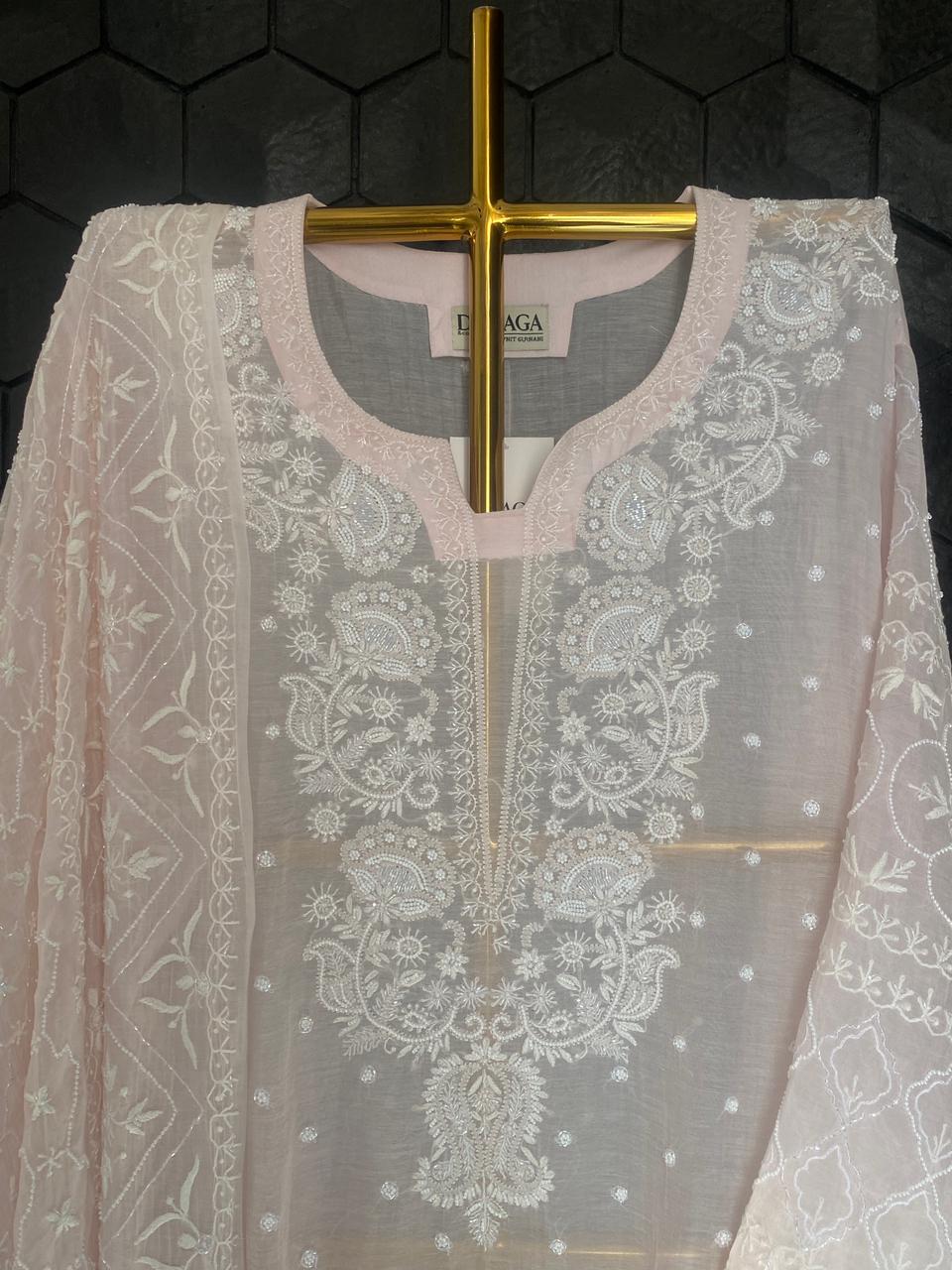 Pink Mul Chanderi Chikankari Kurta Set