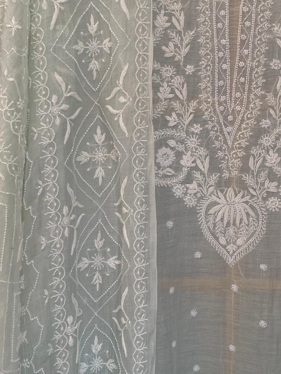 Sea Green Mul Chanderi Chikankari Kurta Set