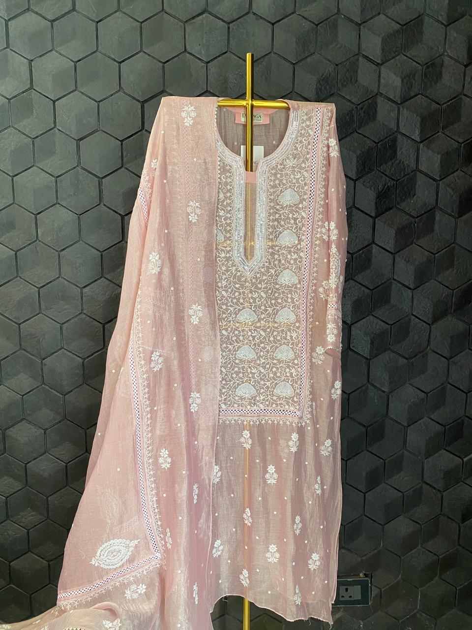 Pink Striped Tissue Chikankari Kurta Set