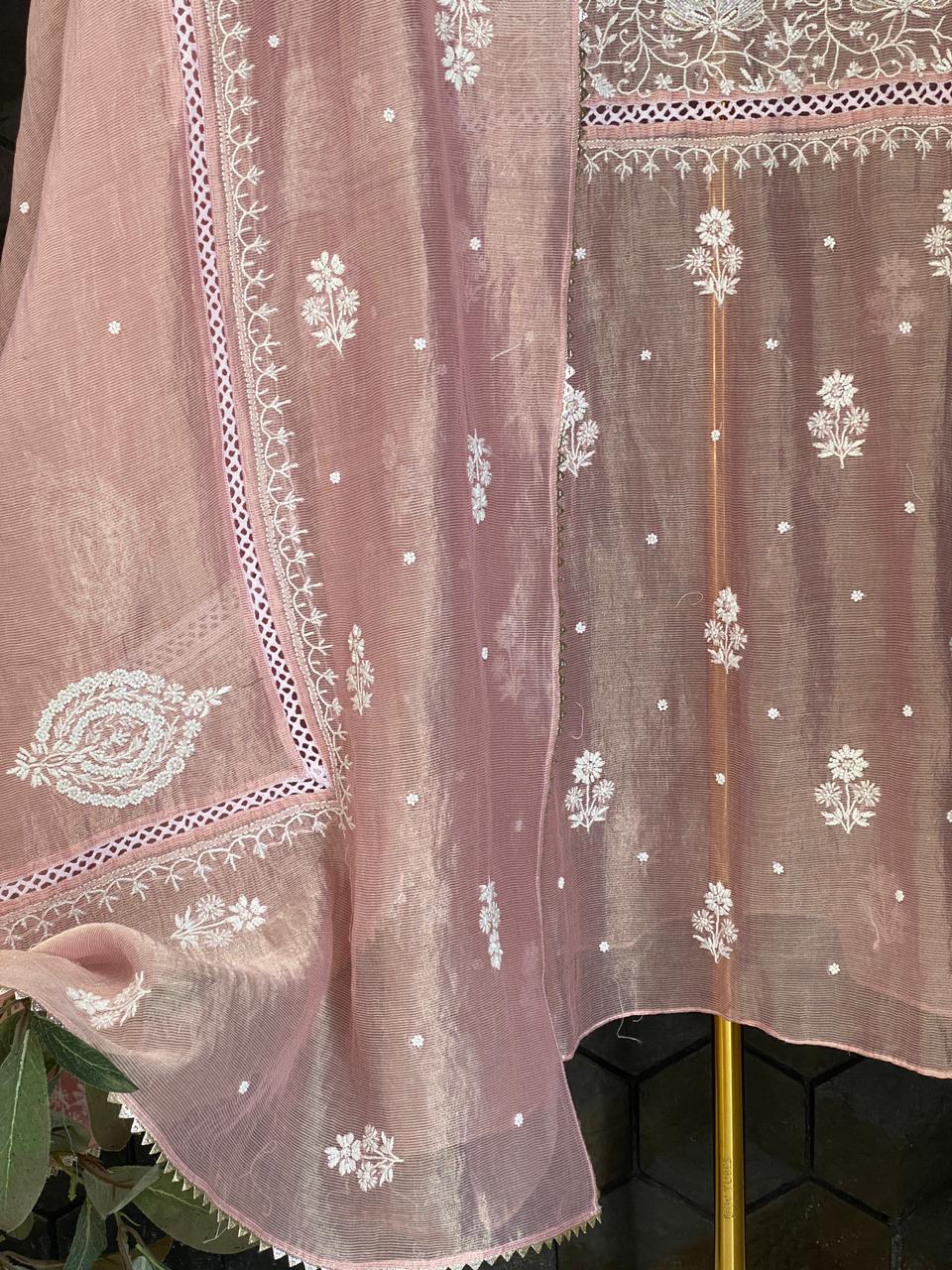Pink Striped Tissue Chikankari Kurta Set