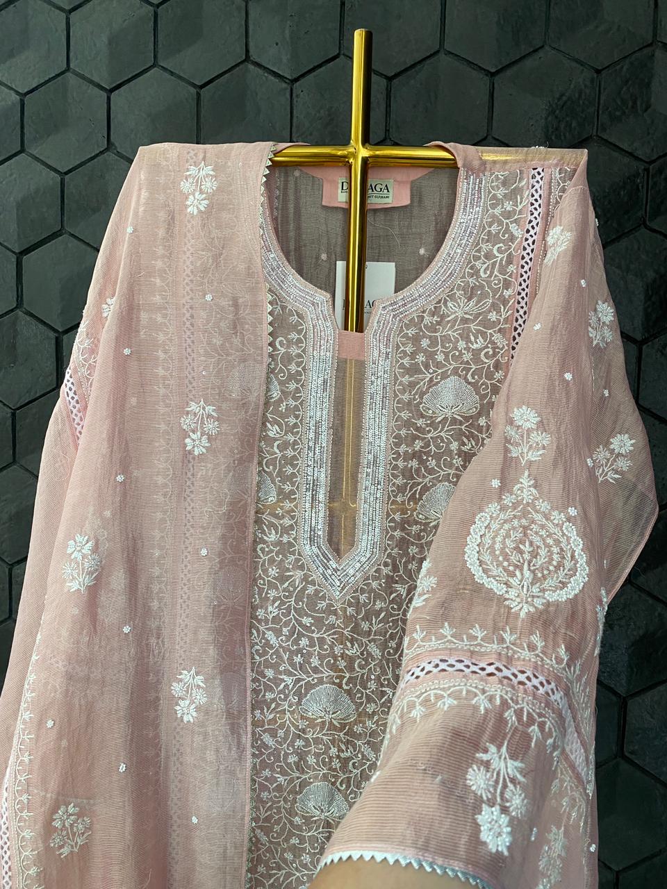 Pink Striped Tissue Chikankari Kurta Set