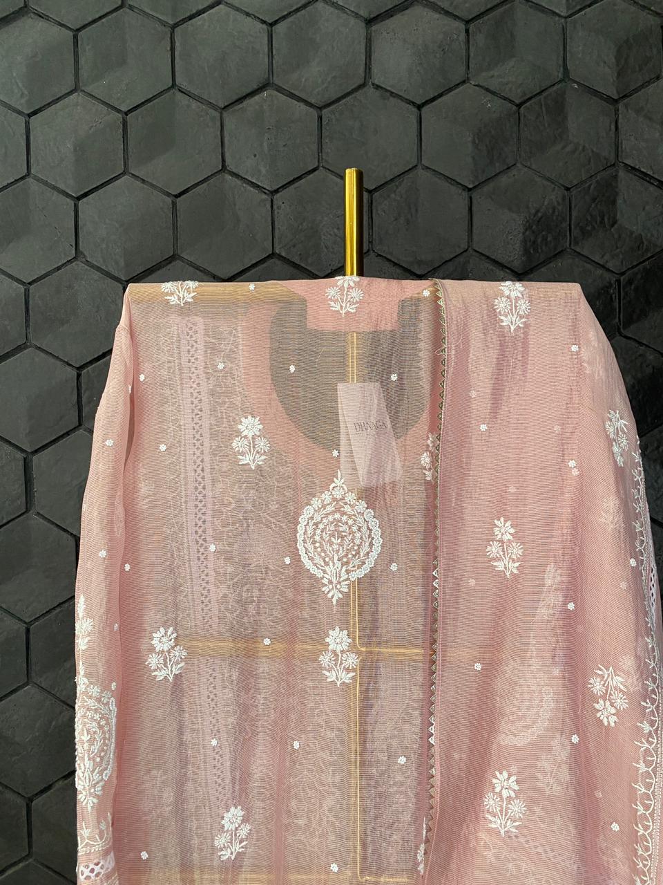 Pink Striped Tissue Chikankari Kurta Set