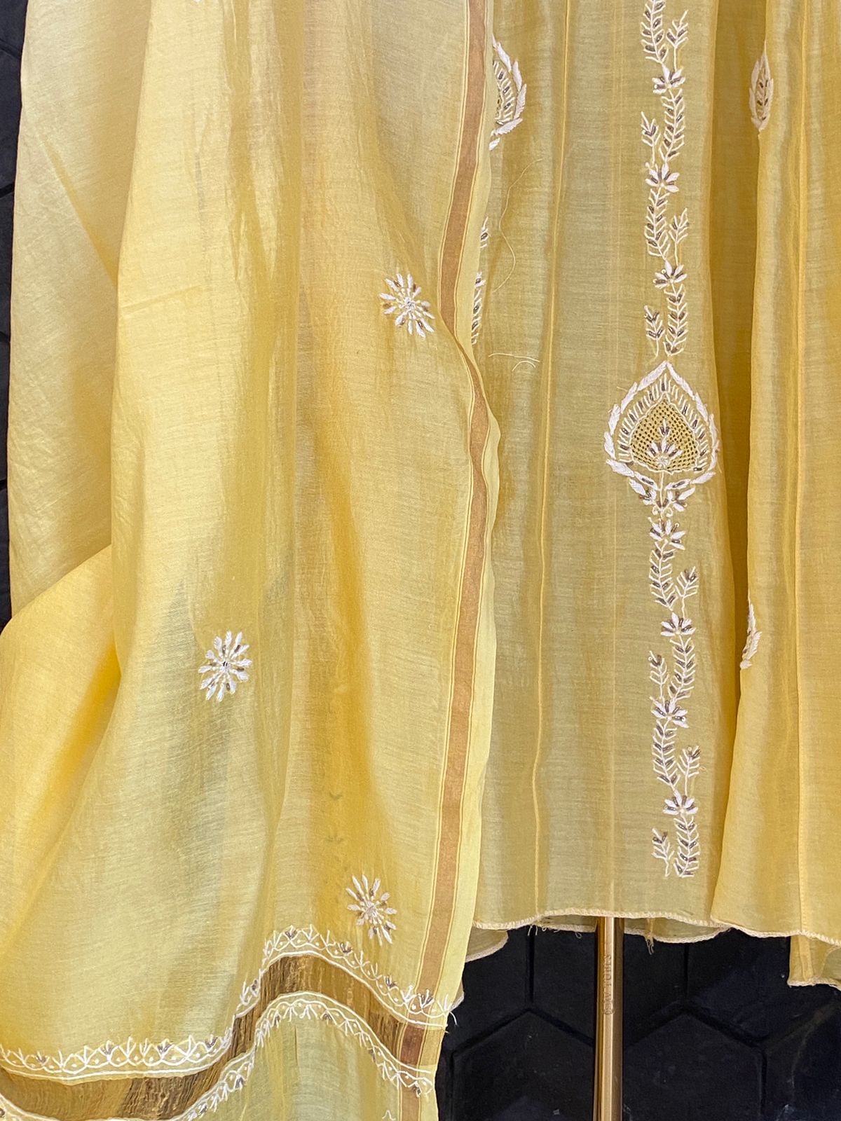 Yellow Chanderi Chikankari Anarkali Set