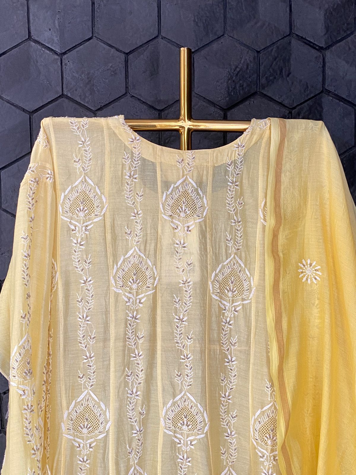 Yellow Chanderi Chikankari Anarkali Set
