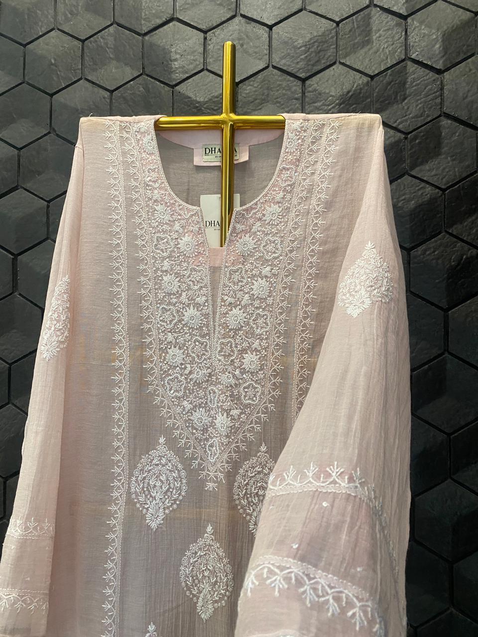 Pink Silver Tissue Chikankari Co-ord Set