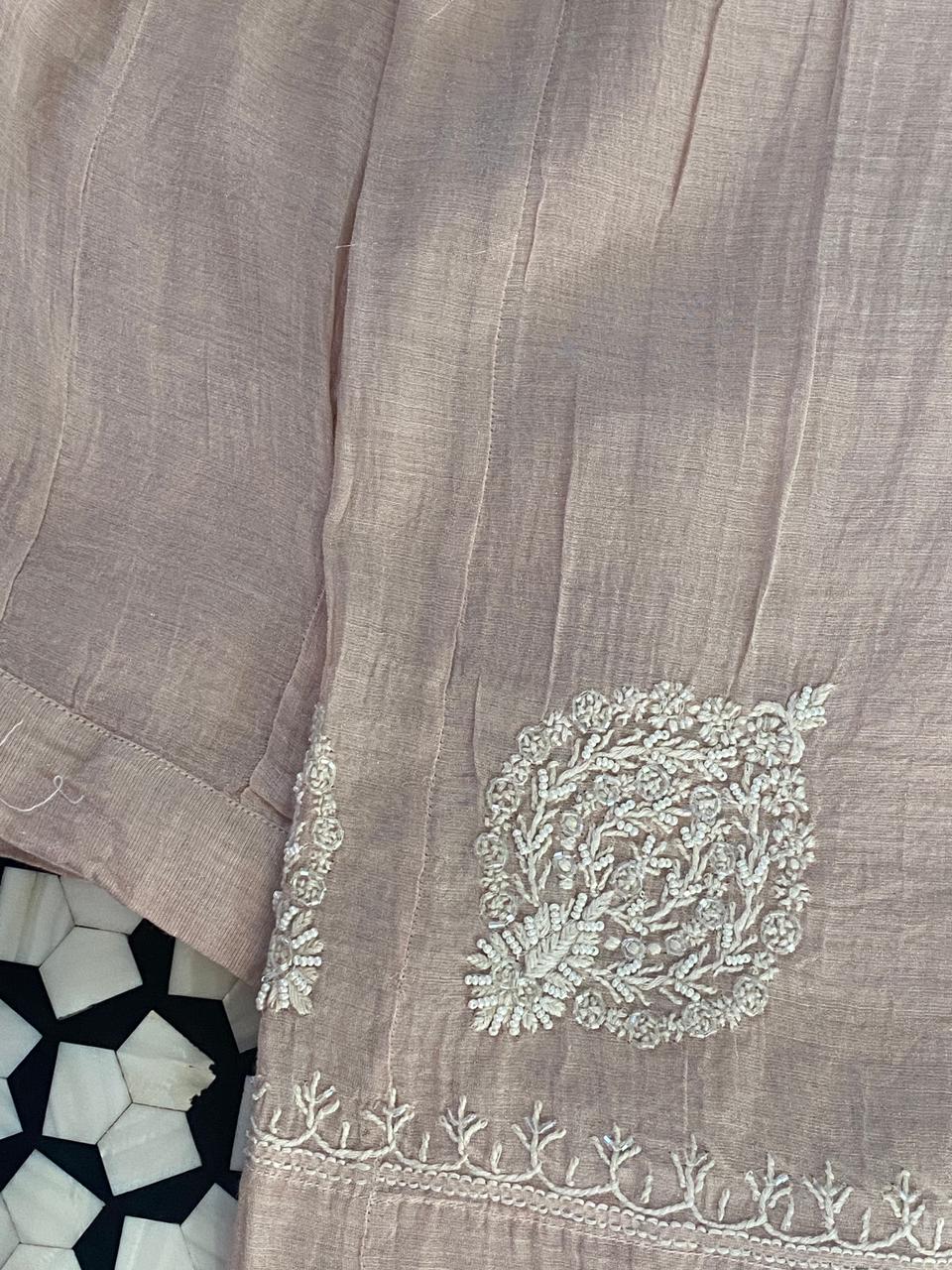 Pink Silver Tissue Chikankari Co-ord Set