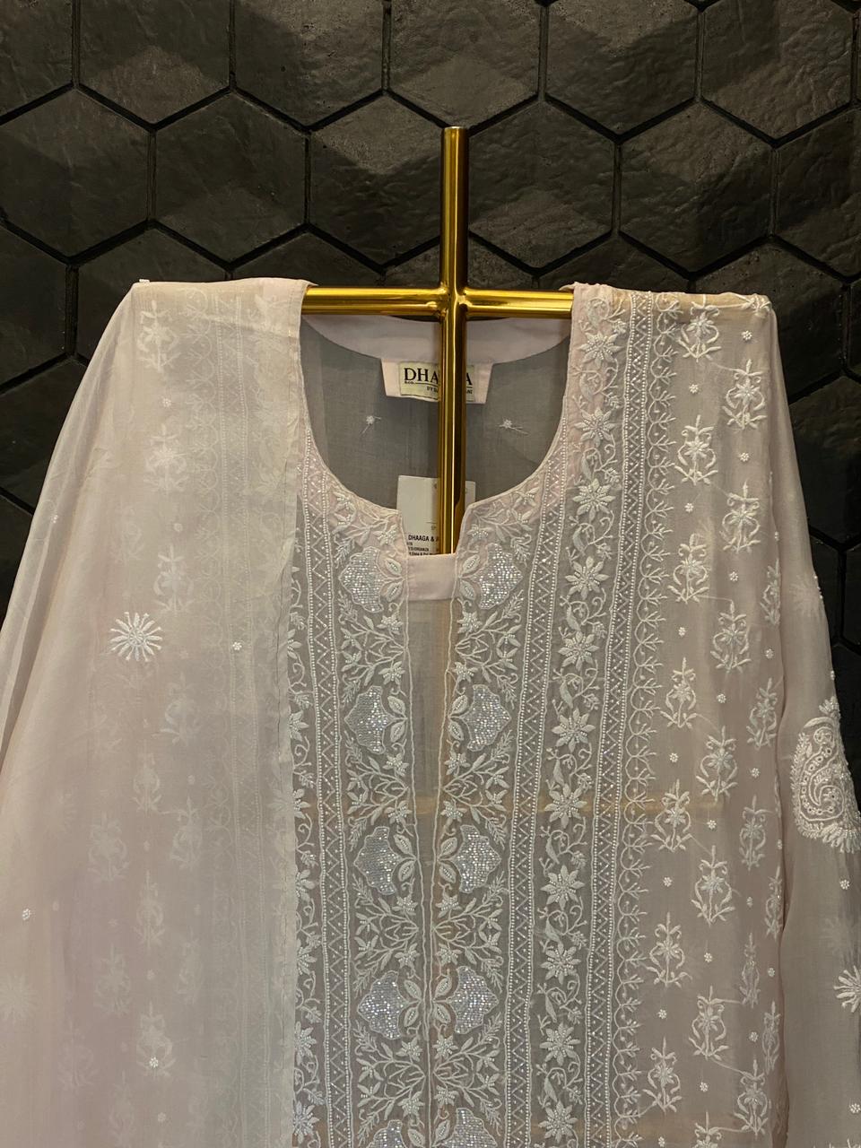 Pink Organza Chikankari Kurta Set
