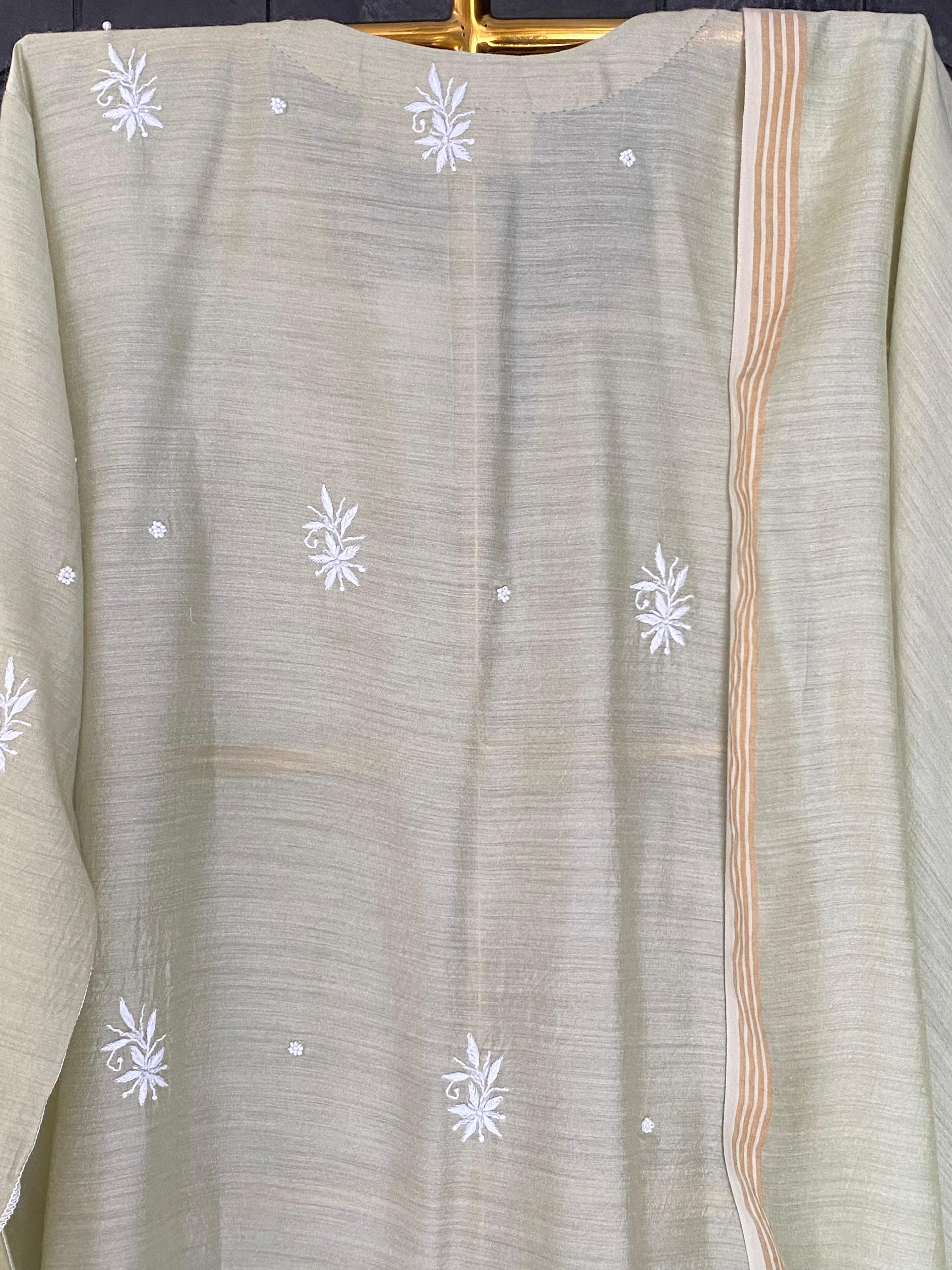 Green Munga Silk Chikankari Kurta Set