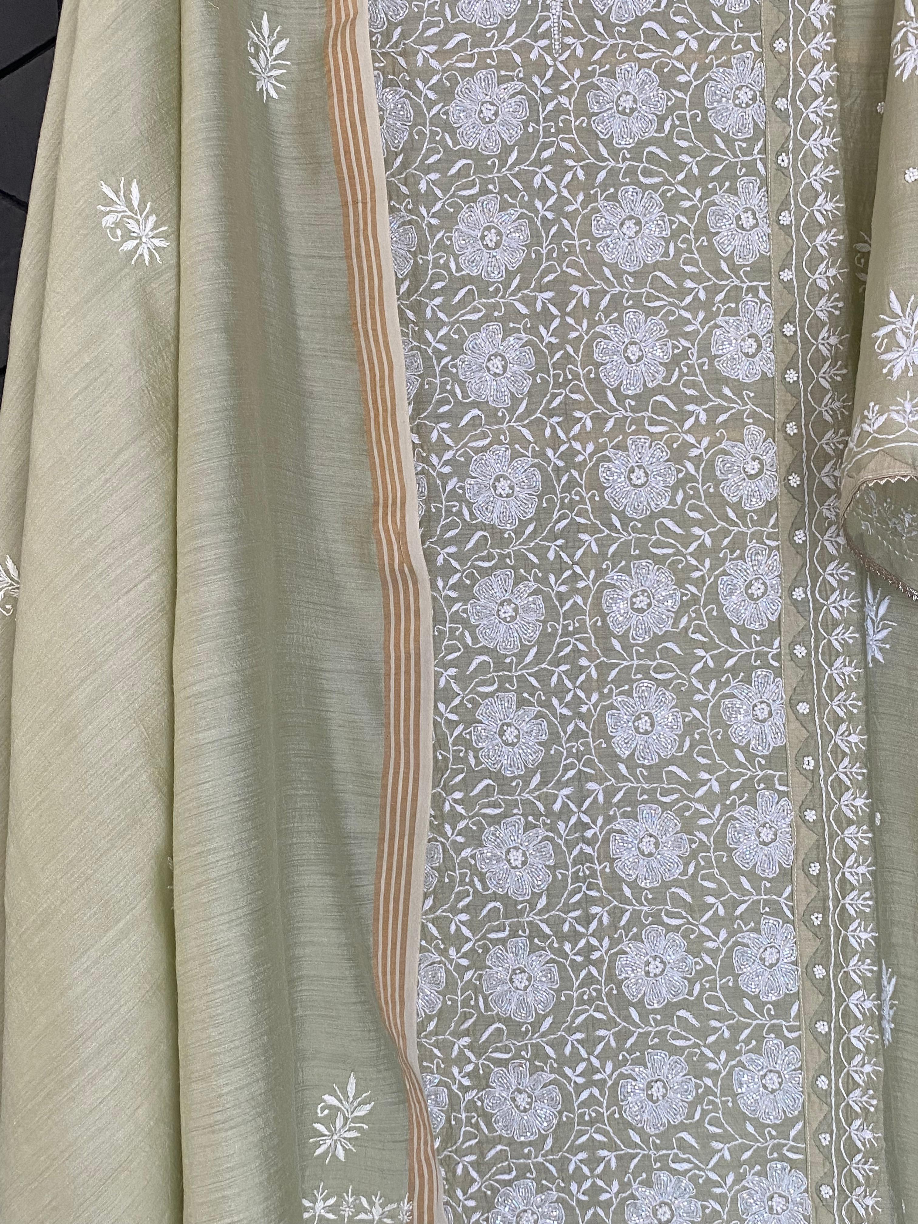 Green Munga Silk Chikankari Kurta Set