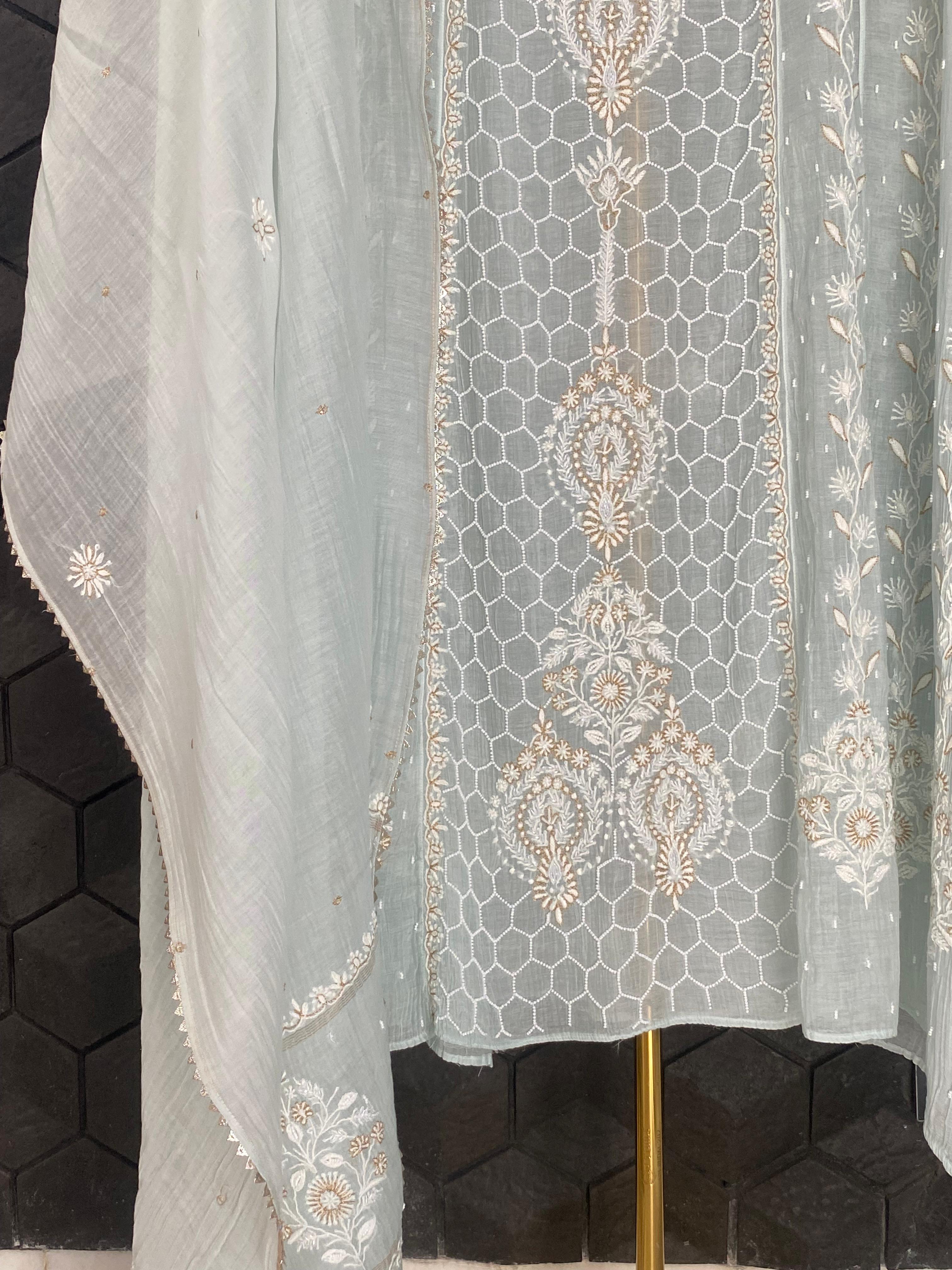 Sea Green Mul Chanderi Chikankari Anarkali Set