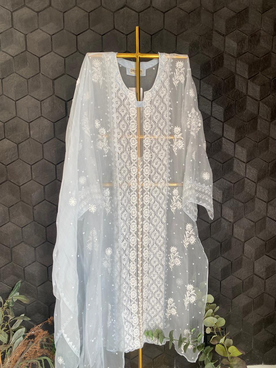 Blue Organza Chikankari Kurta set