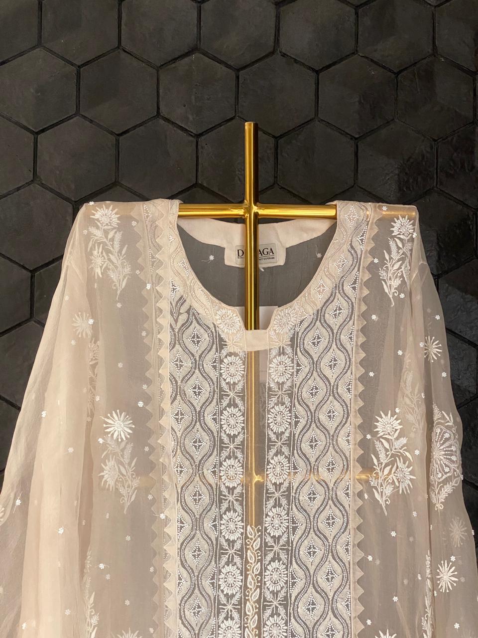 Beige Organza Chikankari Kurta Set