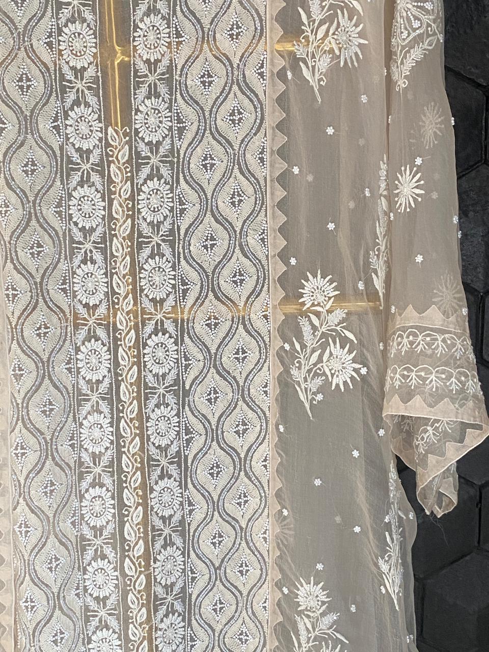 Beige Organza Chikankari Kurta Set