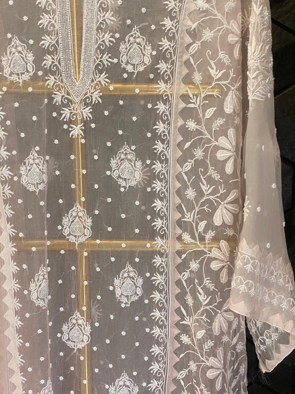 Pink Organza Chikankari Kurta Set
