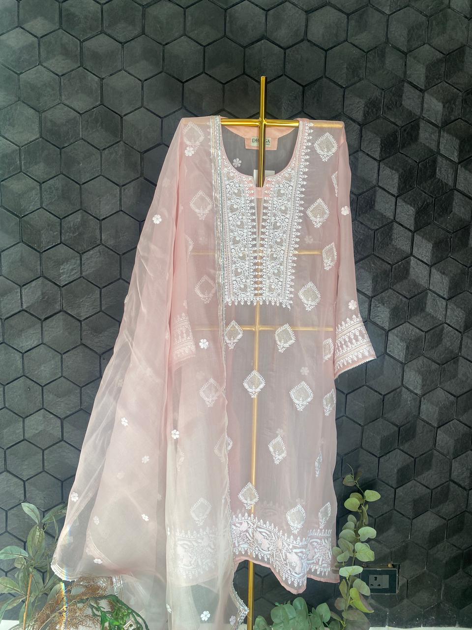 Peach Organza Chikankari Kurta Set