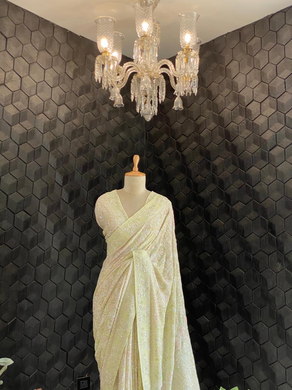 Lime Green Multi-colour Georgette Chikankari Saree