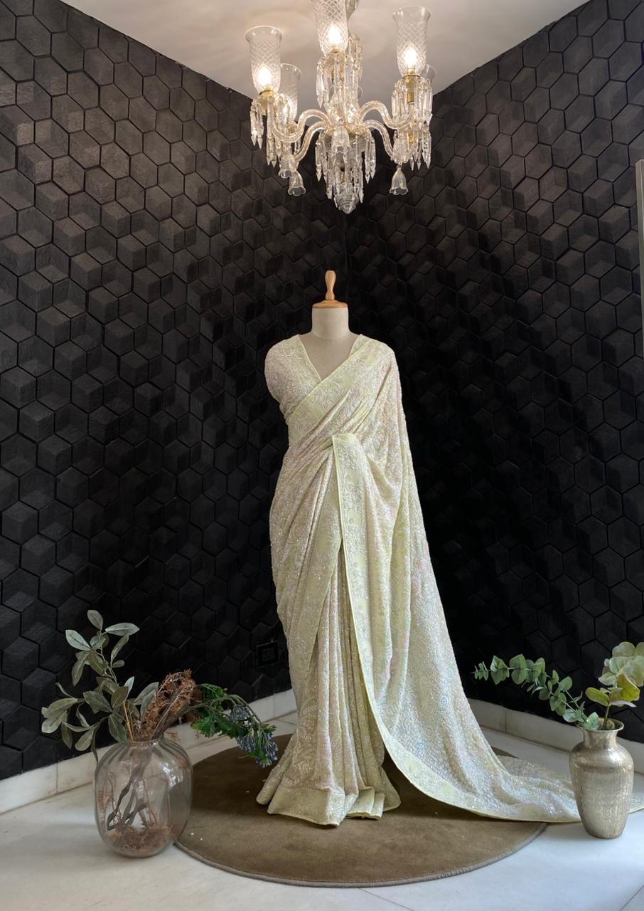 Lime Green Multi-colour Georgette Chikankari Saree