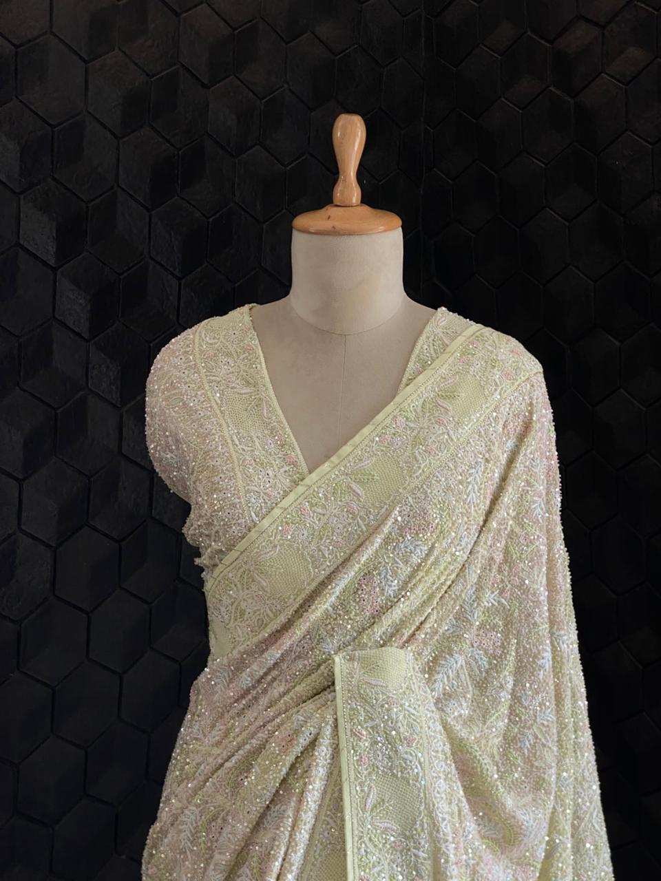 Lime Green Georgette Chikankari Saree