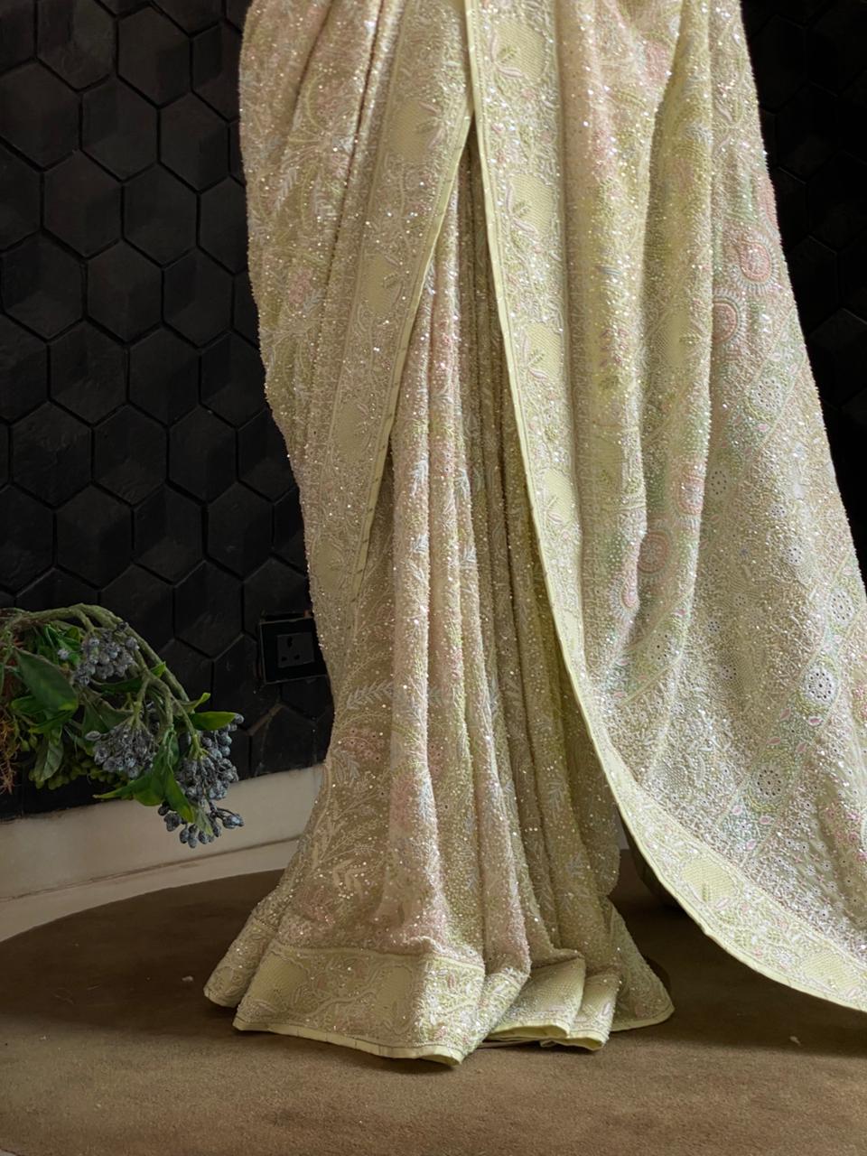Lime Green Multi-colour Georgette Chikankari Saree
