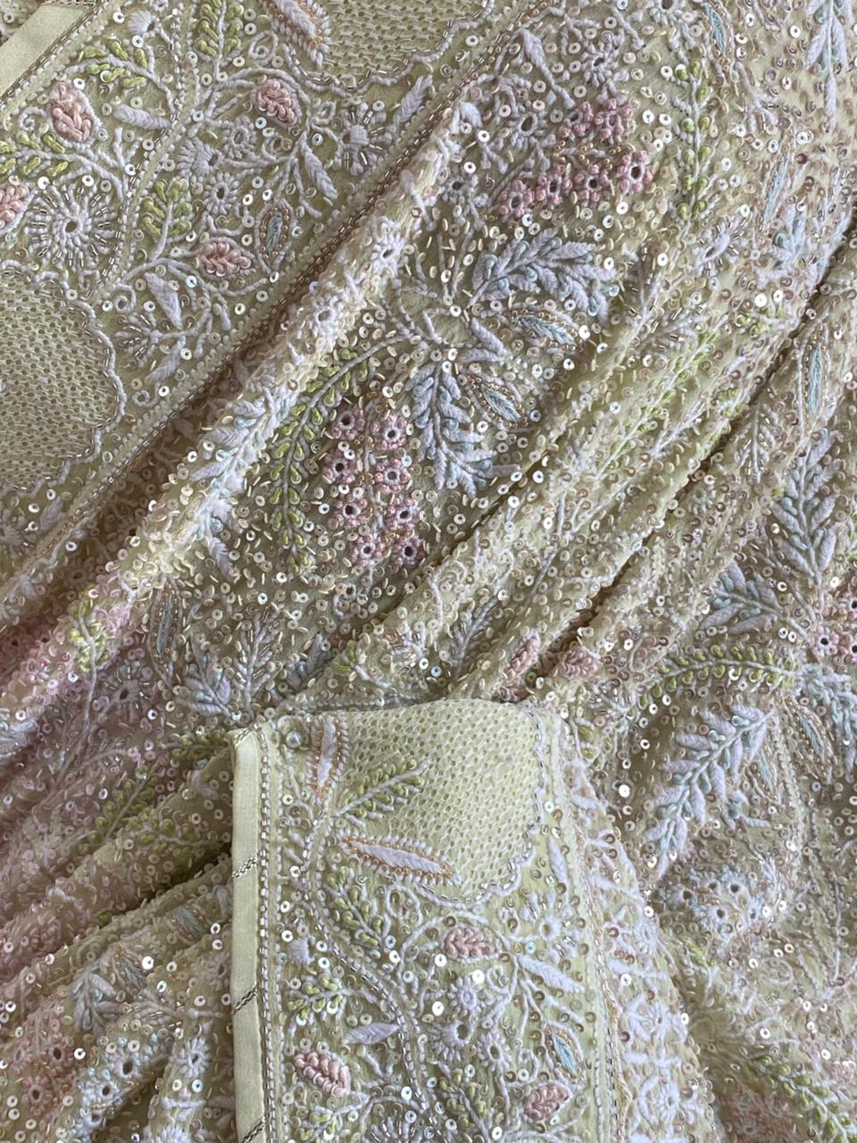 Lime Green Georgette Chikankari Saree