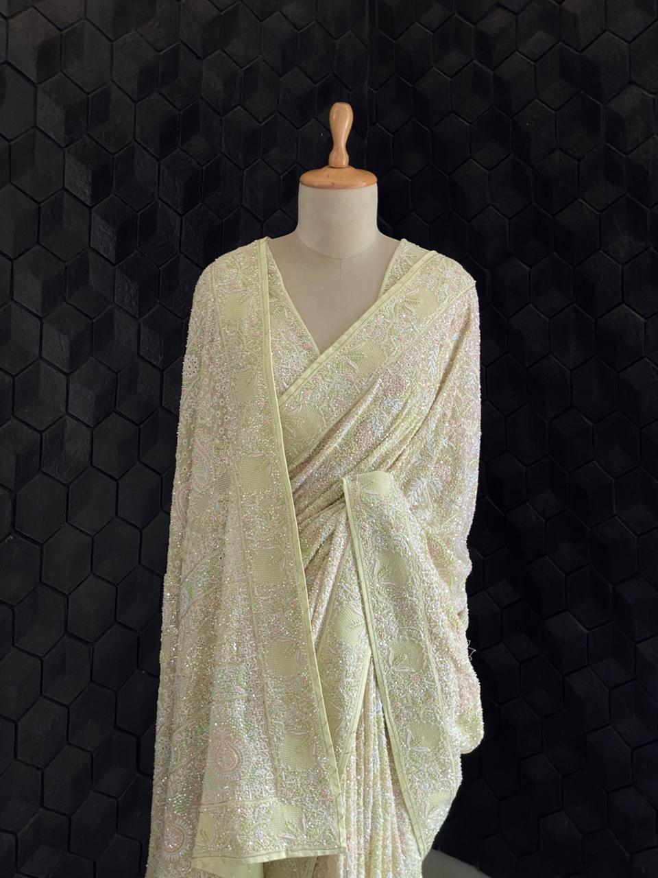 Lime Green Multi-colour Georgette Chikankari Saree