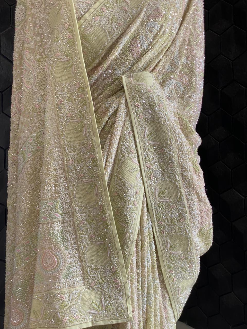 Lime Green Georgette Chikankari Saree