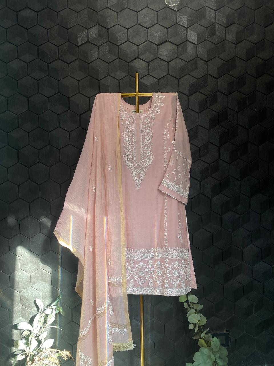 Pink Golden Tissue Chikankari Kurta Set