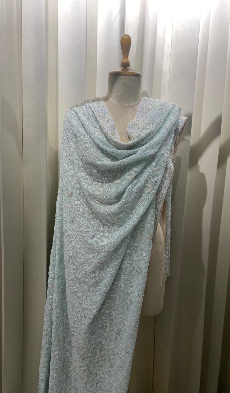 Aqua Georgette Chikankari Dupatta