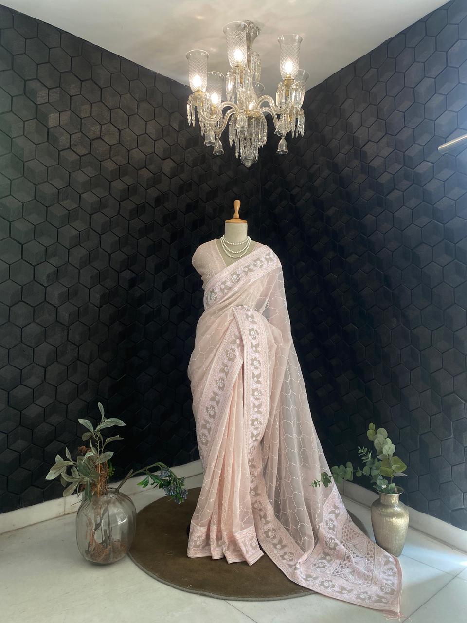 Pink Organza Chikankari Saree