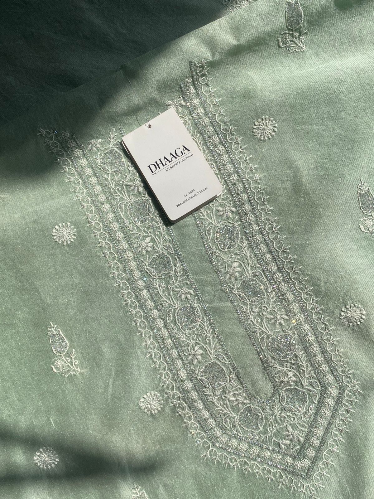 Green Silver Tissue Chikankari Mens Kurta