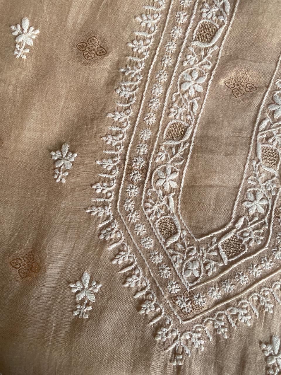 Beige Mul Chanderi Chikankari Mens Kurta